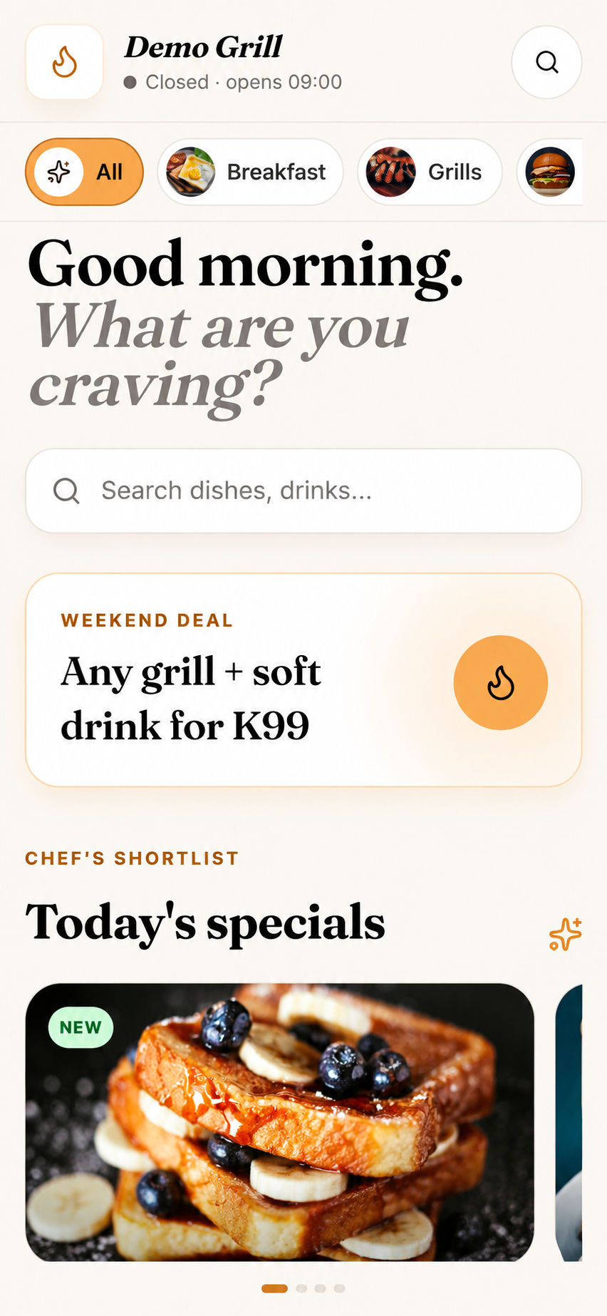 Demo Grill browse and search screen